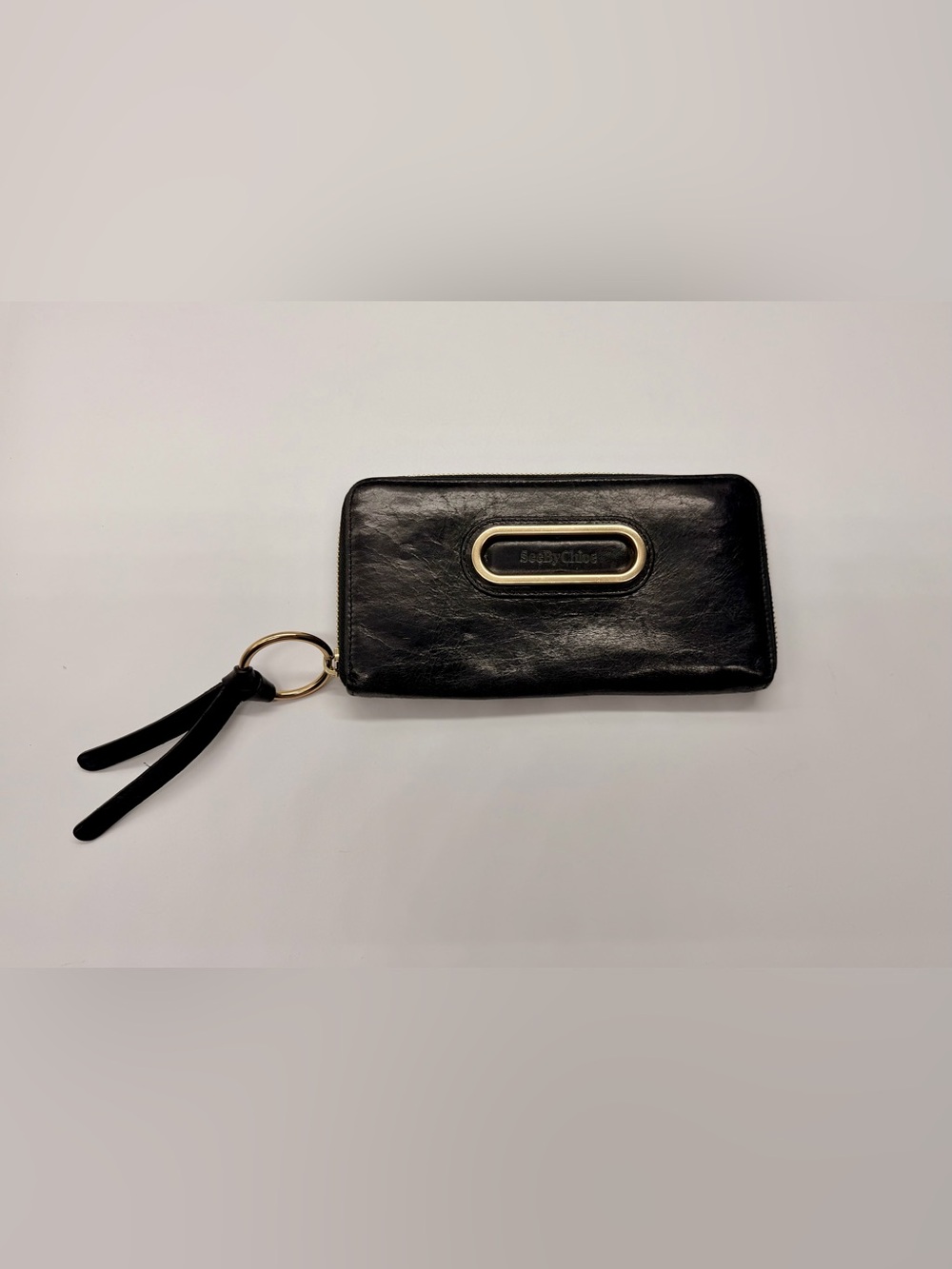 See by Chloé Black Leather Zip Card Wallet with Gold Hardware